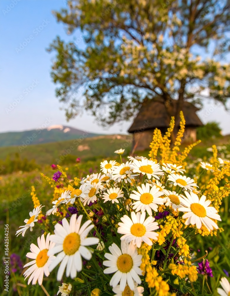 Obraz premium Wildflowers Bloom Under a Tree Near a Rustic Hut in a Peaceful Meadow at Sunset