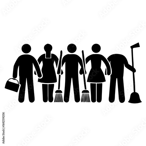 Cleaning Crew Silhouettes Group of Cleaning People with Brooms, Mops, and Cleaning Supplies