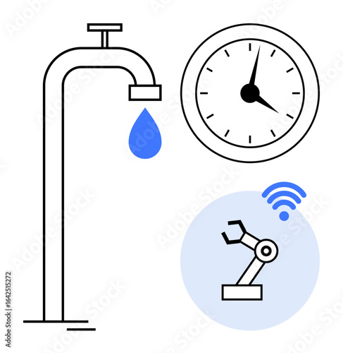 Water faucet with drop, clock ticking, robotic arm with wireless signal. Ideal for technology, time management, sustainability, IoT, automation water conservation and innovation. Simple flat