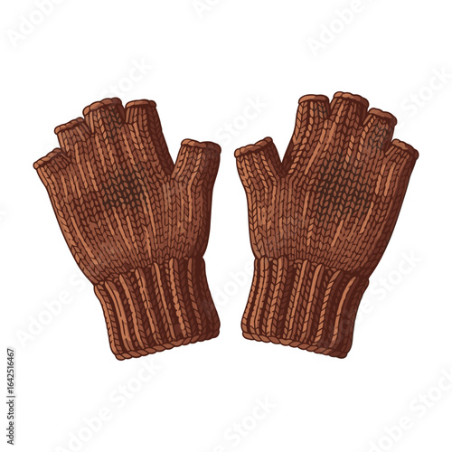Brown fingerless knit gloves illustration vintage style for fall and winter fashion accessory