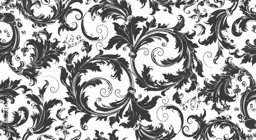 Elegant black and white damask floral pattern, intricate swirls and leaves, repeating design, ornate background texture.