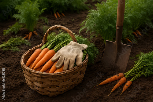 Fresh carrots, picked from the farm, lie in a wicker basket made of tree bark with gardening gloves on top, next to a shovel stuck in the ground. Against the background of a field with carrots.
