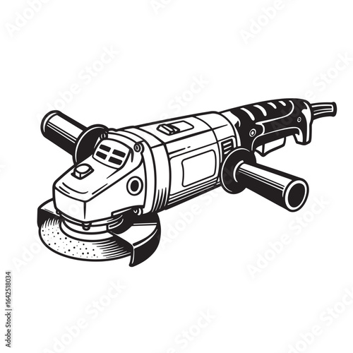 Black and white illustration of an angle grinder power tool on a white background