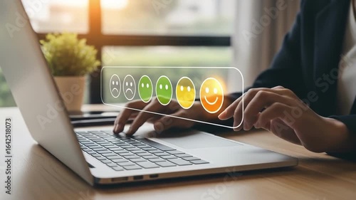 A person selects a positive feedback option on a virtual survey using a laptop in a bright home office setting