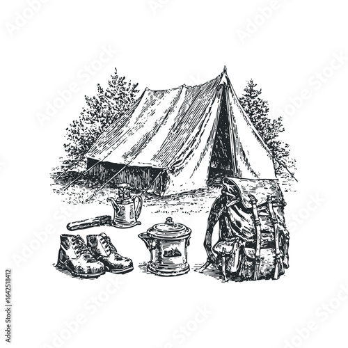 Vintage camping equipment with tent and backpack on ground in forest
