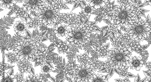 A detailed black and white floral pattern with various flowers and leaves arranged closely together, creating a dense, botanical design.