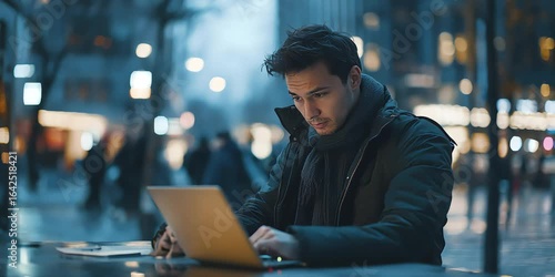 Young Professional Working Outdoors on Laptop in City, Remote Worker Focused on Laptop in Urban Outdoor Setting, Freelancer Typing on Laptop at Night in City Environment

