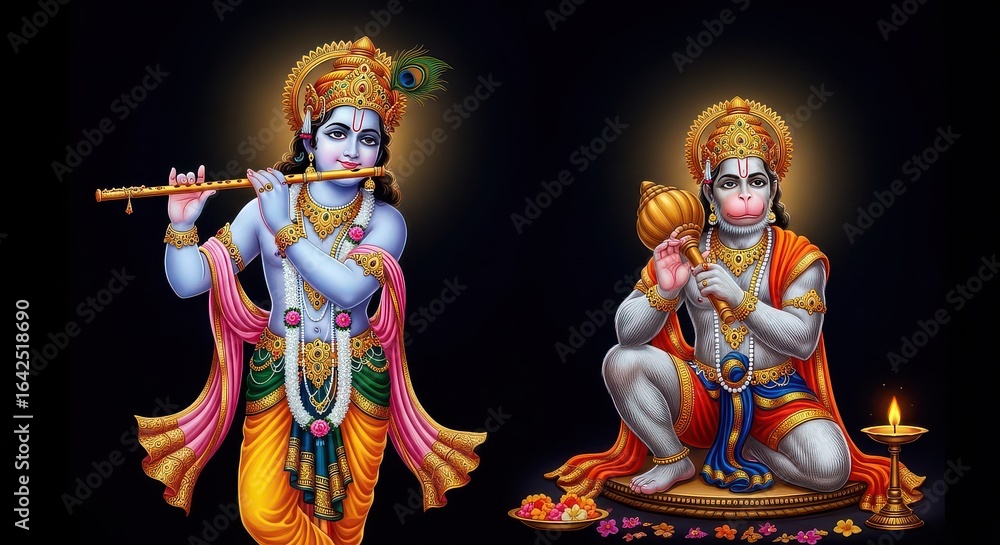 Fototapeta premium Colorful Deities Illustration with Flute and Mace on Dark Backdrop