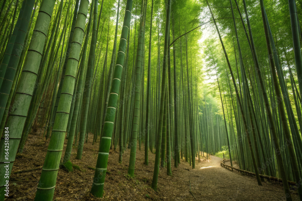 Fototapeta premium Dense Bamboo Forest with Tall Green Stalks Casting Soft Shadows on Forest Floor