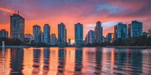 Stunning City Skyline at Sunset Reflecting in Water, Urban Landscape of City Skyline with Sunset Backdrop, Beautiful Cityscape with Towering Skyscrapers at Sunset

