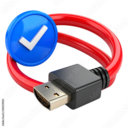 Red cable with blue checkmark wrapped around usb connector