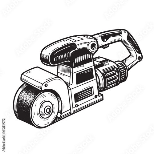 Detailed black and white illustration of a belt sander for construction and carpentry projects