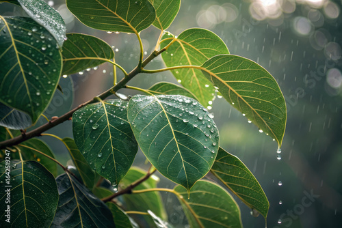 Close-up of Rain-Soaked Banyan Tree Leaves with Water Droplets in Soft Daylight