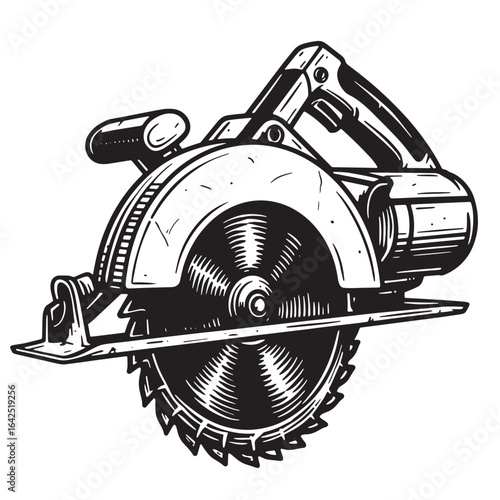 Detailed black and white illustration of a circular saw power tool for woodworking projects