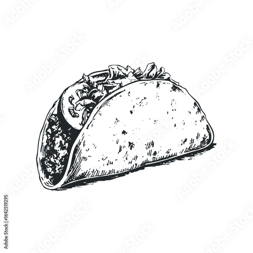 Hand Drawn Taco with Seasoned Filling and Fresh Toppings Isolated