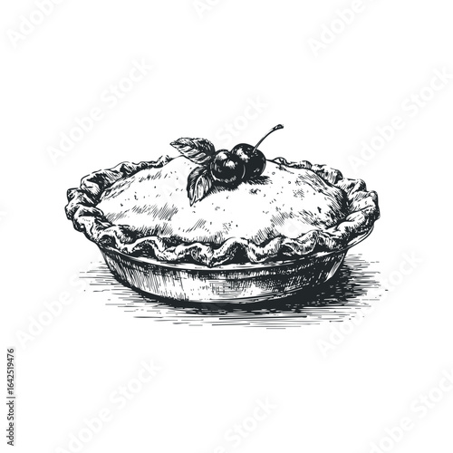 Detailed hand drawn sketch of a cherry pie with crust and fruit garnish