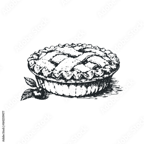 Hand-drawn sketch of a cherry pie with lattice crust and fresh cherries