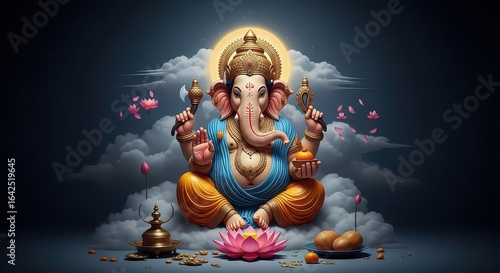 Deity Sitting in Clouds Wearing Golden Crown Against Glowing Light