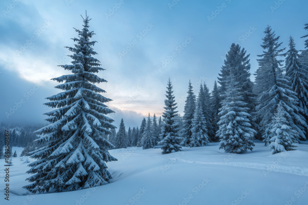 Snow-Covered Evergreen Pine Trees in Winter Landscape under Soft Blue Sky Snow-Covered Evergreen Pine Trees in Winter Landscape under Soft Blue Sky