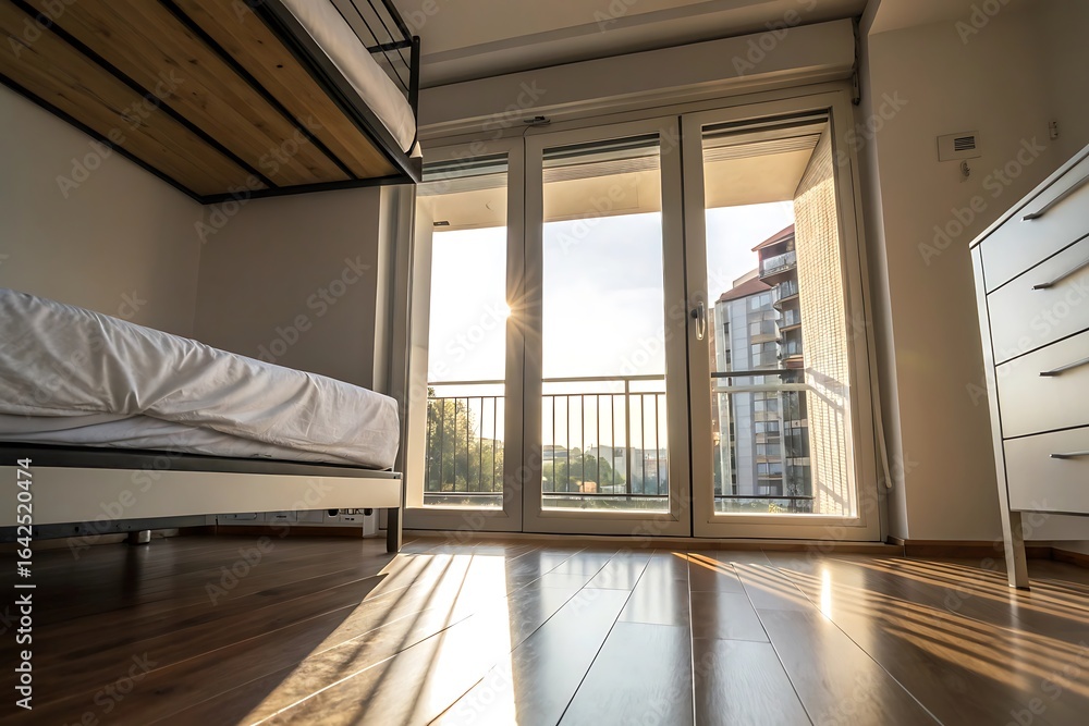 Obraz premium Modern Bedroom with Stunning Sunrise View and Wooden Bunk Bed