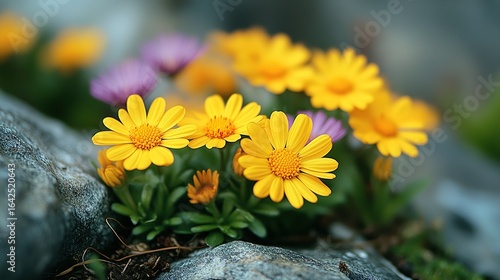 Yellow flowers bloom on rocks with green foliage in a natural setting.