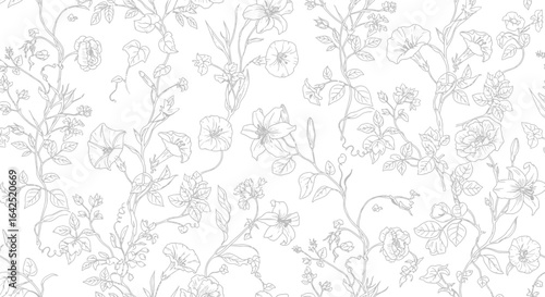 Floral pattern with delicate line art, depicting various flowers and leaves in a light grey hue against a white background.
