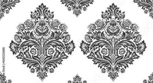 Symmetrical damask pattern with floral and leaf motifs in a repeating design on a white background.