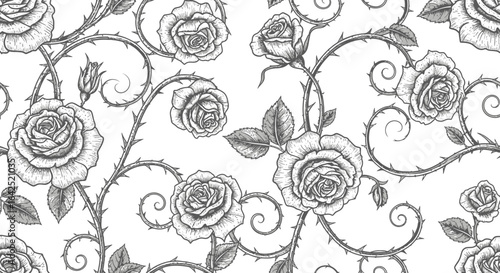 Detailed monochrome drawing of roses with thorny stems and leaves, creating a seamless floral pattern.