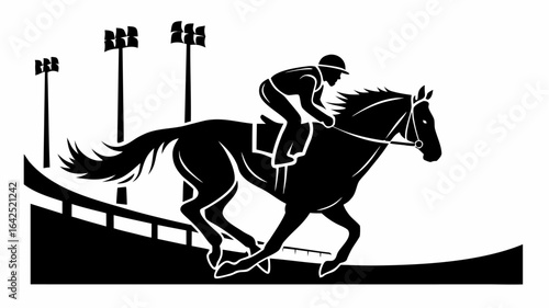 Silhouette of a horse and jockey racing on a track with lights in the background in black and white art | editable eps vectors