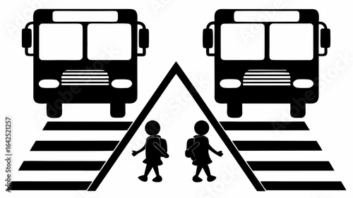 Two school buses facing each other with two children crossing the street on a zebra crossing sign | editable eps vectors silhouette