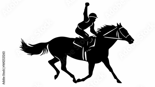 Silhouette illustration of a jockey riding a horse with arm raised in victory on a white backdrop | editable eps vectors