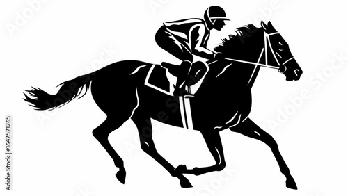 A striking black silhouette depicts a jockey riding a horse in full gallop with great speed and motion | editable eps vectors