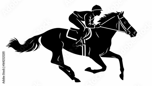 Silhouette of a jockey riding a horse in a race with a flowing tail and a simple bridle design racing fast | editable eps vectors