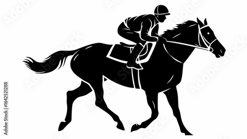 Silhouette illustration of a jockey riding a horse in a race at full speed in black and white color | editable eps vectors
