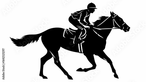 Silhouette of a horse and jockey racing at full speed in a black and white vector illustration style | editable eps vectors