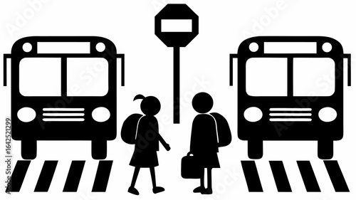 Illustration showing two buses at a bus stop with two children waiting to board the transportation vehicle | editable eps vectors silhouette