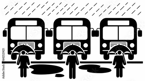 Three buses with people holding umbrellas in the rain and puddles on the ground on a rainy day | editable eps vectors silhouette