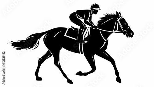 Silhouette illustration of a jockey riding a horse in a race galloping at full speed in black and white art | editable eps vectors