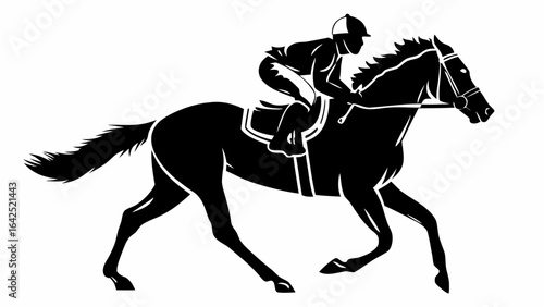 Silhouette of a horse and jockey racing with black and white color scheme in a simple vector graphic style | editable eps vectors