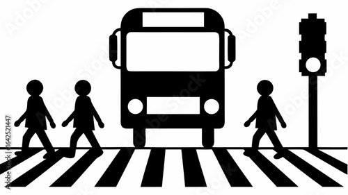 Illustration of people crossing a zebra crossing with a bus and traffic light in the background area | editable eps vectors silhouette
