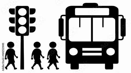 Illustration of a bus stop with a traffic light and three people waiting to board the vehicle shown here | editable eps vectors silhouette