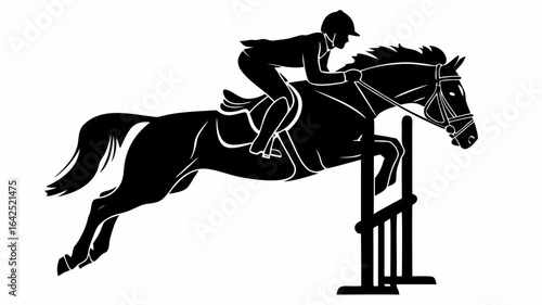 Silhouette of a horse and rider jumping over an obstacle in a black and white equestrian competition image | editable eps vectors