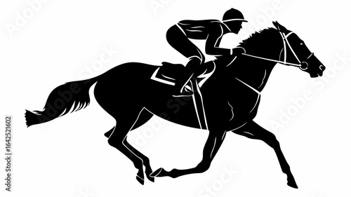 Silhouette of a jockey riding a horse in a race with full speed and a white background in a vector image | editable eps vectors