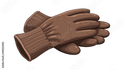 Stylized illustration of stacked brown leather gloves with ribbed cuffs for cold weather protection