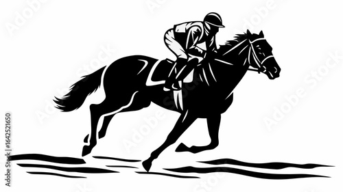 Black silhouette of a jockey riding a horse in a race galloping across the ground in a vector image | editable eps vectors