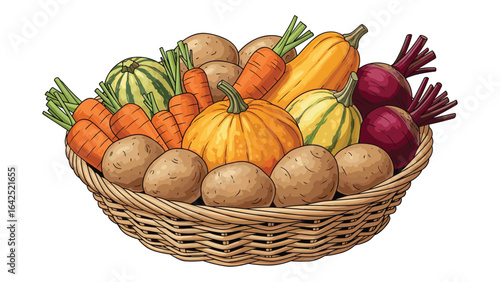 Vibrant Vegetable Harvest in Woven Basket Illustration for Farm Fresh Concepts Design