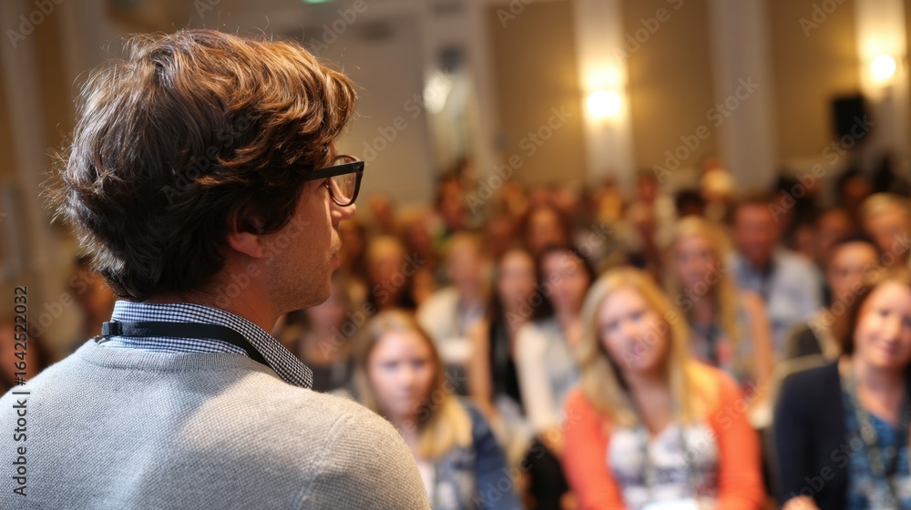 Speaker engaging the audience at a business conference, presenting key insights during a meeting. Attendees in the background are blurred, creating a focused atmosphere for learning Speaker engaging the audience at a business conference, presenting key insights during a meeting. Attendees in the background are blurred, creating a focused atmosphere for learning