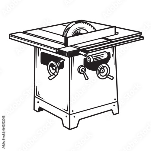 Hand drawn illustration of a classic table saw woodworking tool for construction and design.