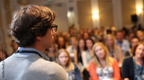Speaker engaging the audience at a business conference, presenting key insights during a meeting. Attendees in the background are blurred, creating a focused atmosphere for learning