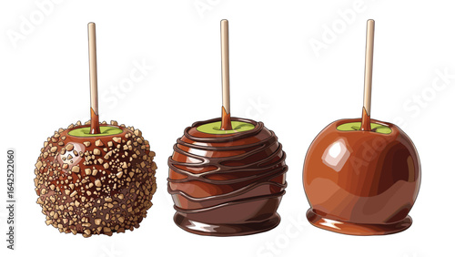 Delicious Caramel Apples with Nuts and Chocolate Glaze Treats Isolated on White Background